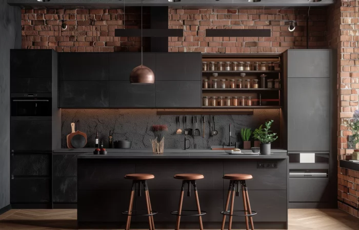 Tendance des pièces noires - Maisonna - Décoration intérieure - Salon minimaliste moderne aux touches noires CUISINE noir